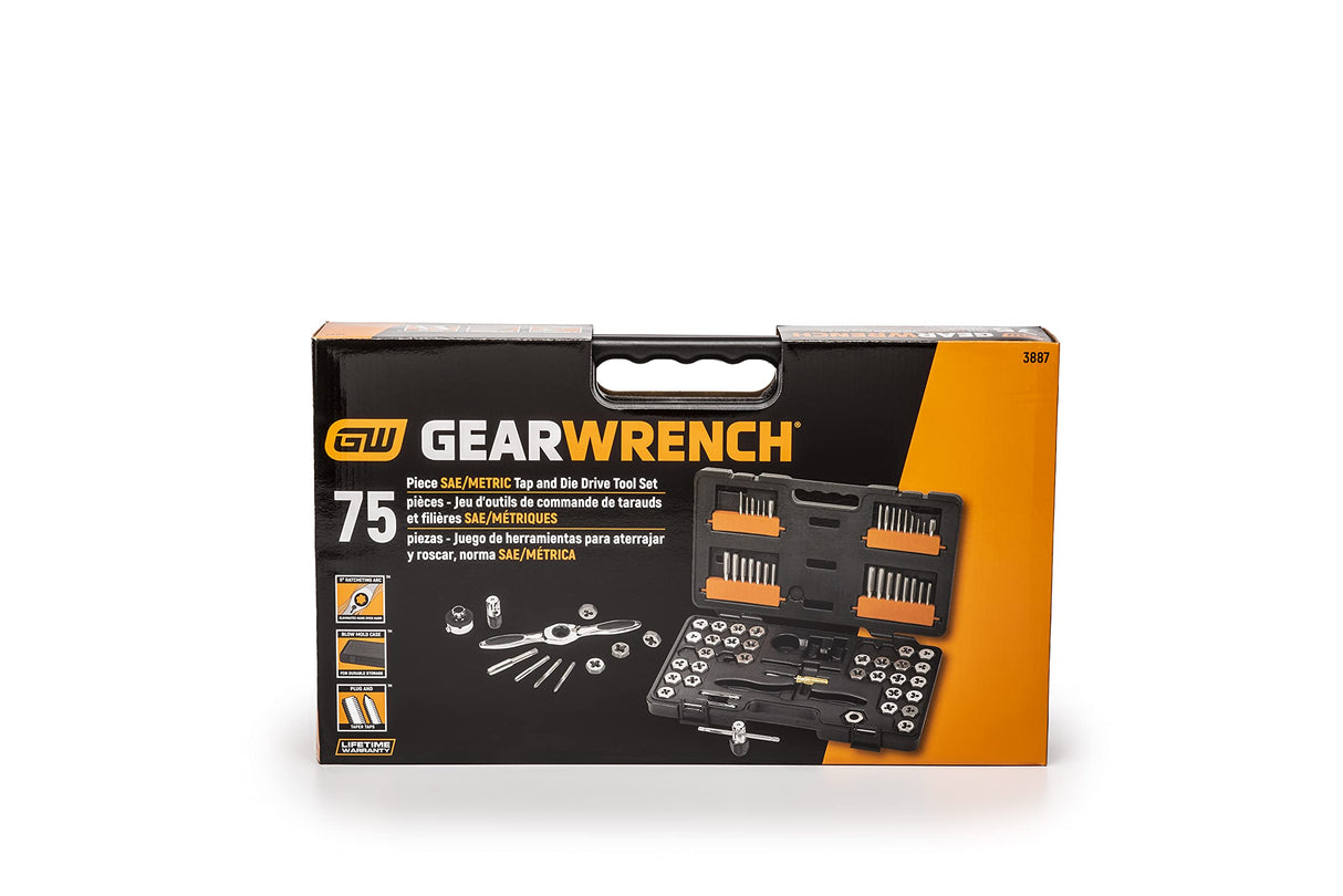 GearWrench 3887 Juego de Llaves de Machos y Terrajas de Trinquete SAE y Métrico, 77 Piezas