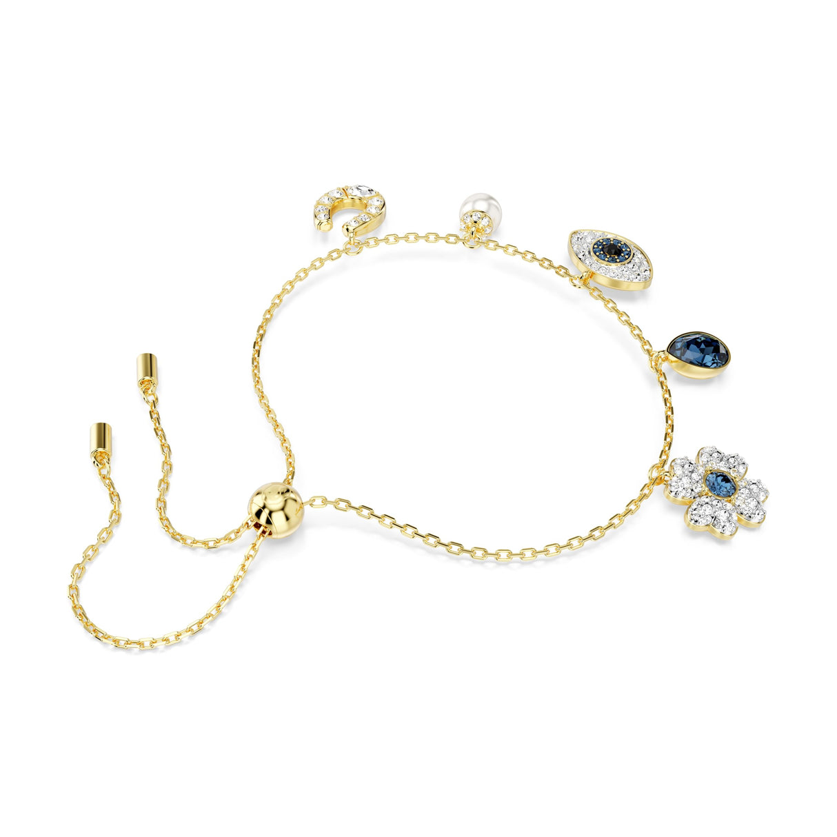 Swarovski Pulsera Symbolica, Perla de cristal, Trébol, ojo turco y herradura, Azul, Baño tono oro