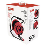 EMOS P19221 Carrete de Cable de 50m-4 enchufes Schuko-Impermeable, Impactos, Resistente a temperaturas-230 V, 15 A, 3500 W-Aislamiento de goma-H05RR-F 2,5 mm2-IP44 para Exteriores, Gris, Azul, Negro