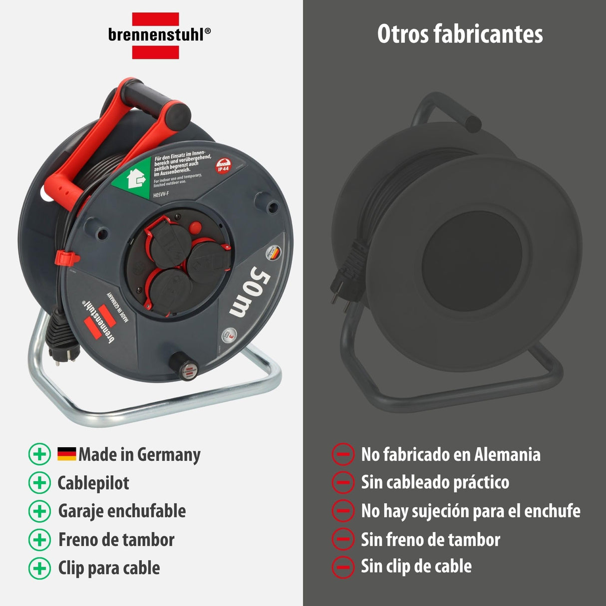 Brennenstuhl Enrollacables Garant V2 IP44 50m exterior (Made in Germany, 3 tomas de corriente con contacto de puesta a tierra, plástico especial)