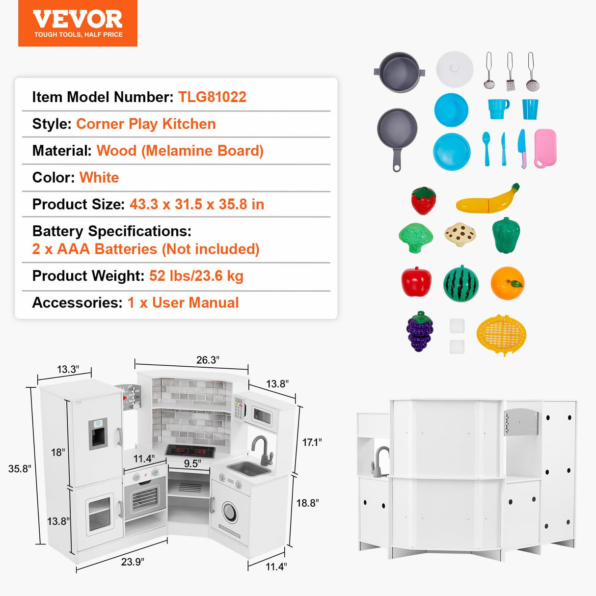 VEVOR Juego de Cocina de Madera de Esquina con Luces y Sonidos Cocina con Máquina de Hielo, Horno, Fregadero, Reloj, Microondas, Refrigerador y Accesorios para Niños Pequeños y Preescolares, Blanco