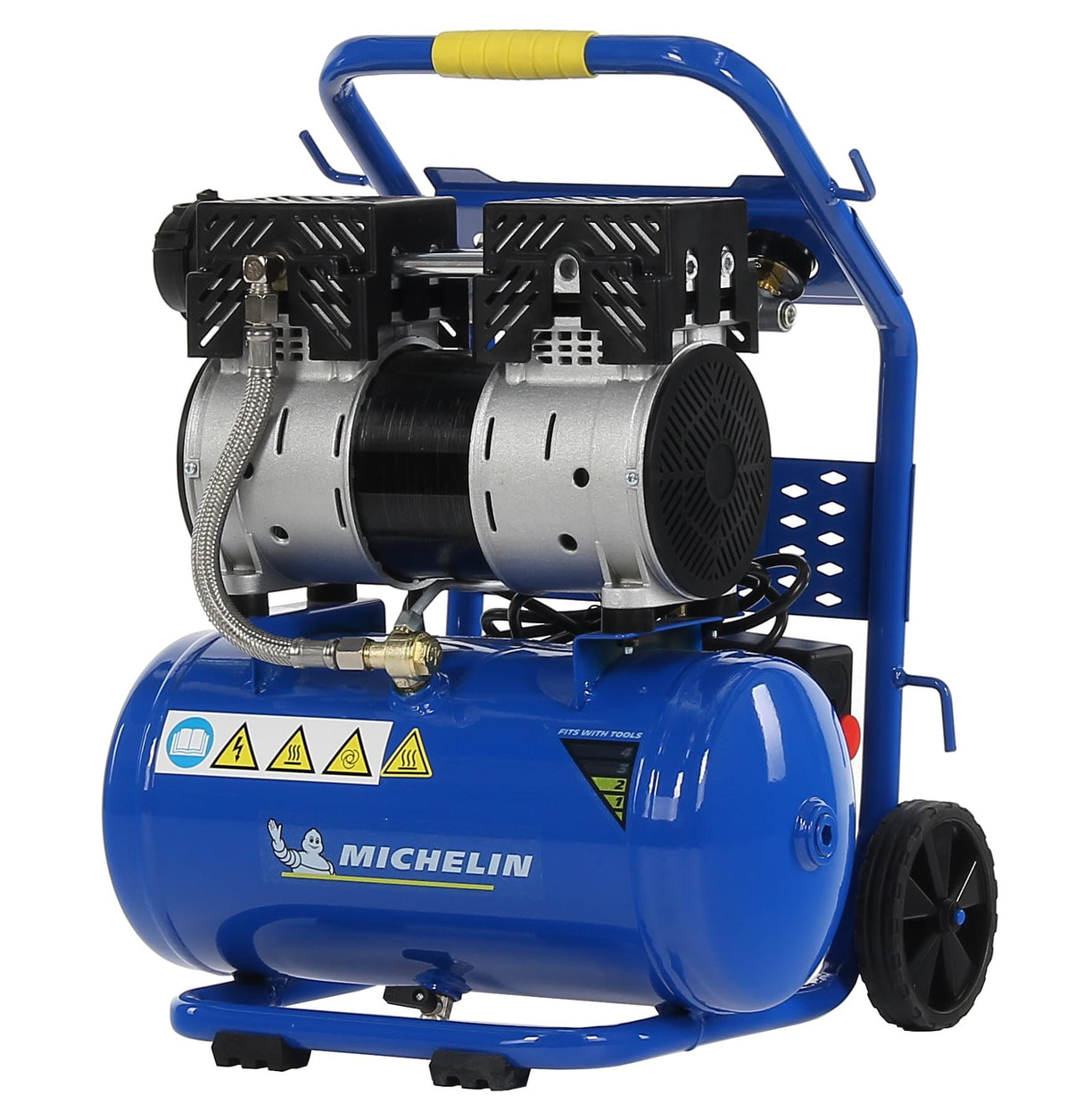 MICHELIN CA-MX10-1 - Compresor Silencioso 10LT 1HP - 59 dB - Capacidad 10 L - Motor de 1 HP - Presión Máx 8 Bar - Caudal 130 l/min - Sin Aceite - Portátil - Carro Ergonómico