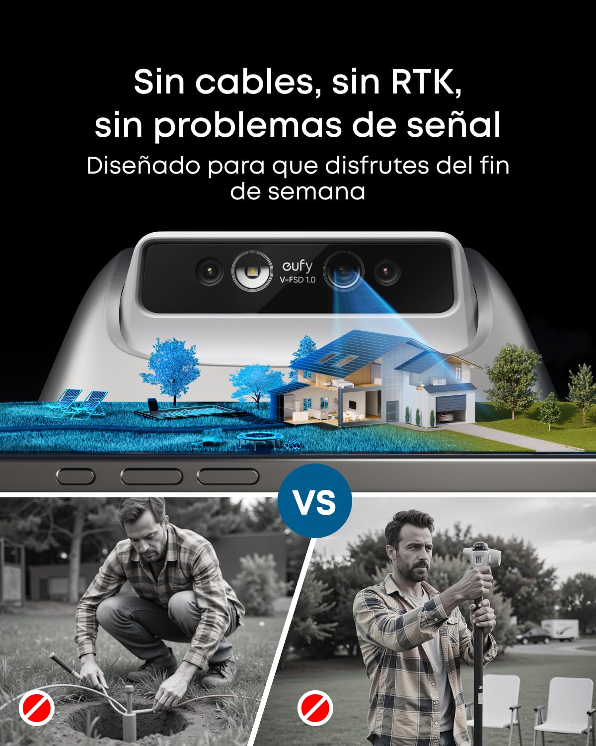 eufy E15 Cortacésped Robótico sin Cable Perimetral,Sin Señal Perdida, Sin RTK,TrueVision, Navegación Inteligente, Jardín hasta 800 m², Corte Preciso Bordes, Evita Obstáculos, Control por App