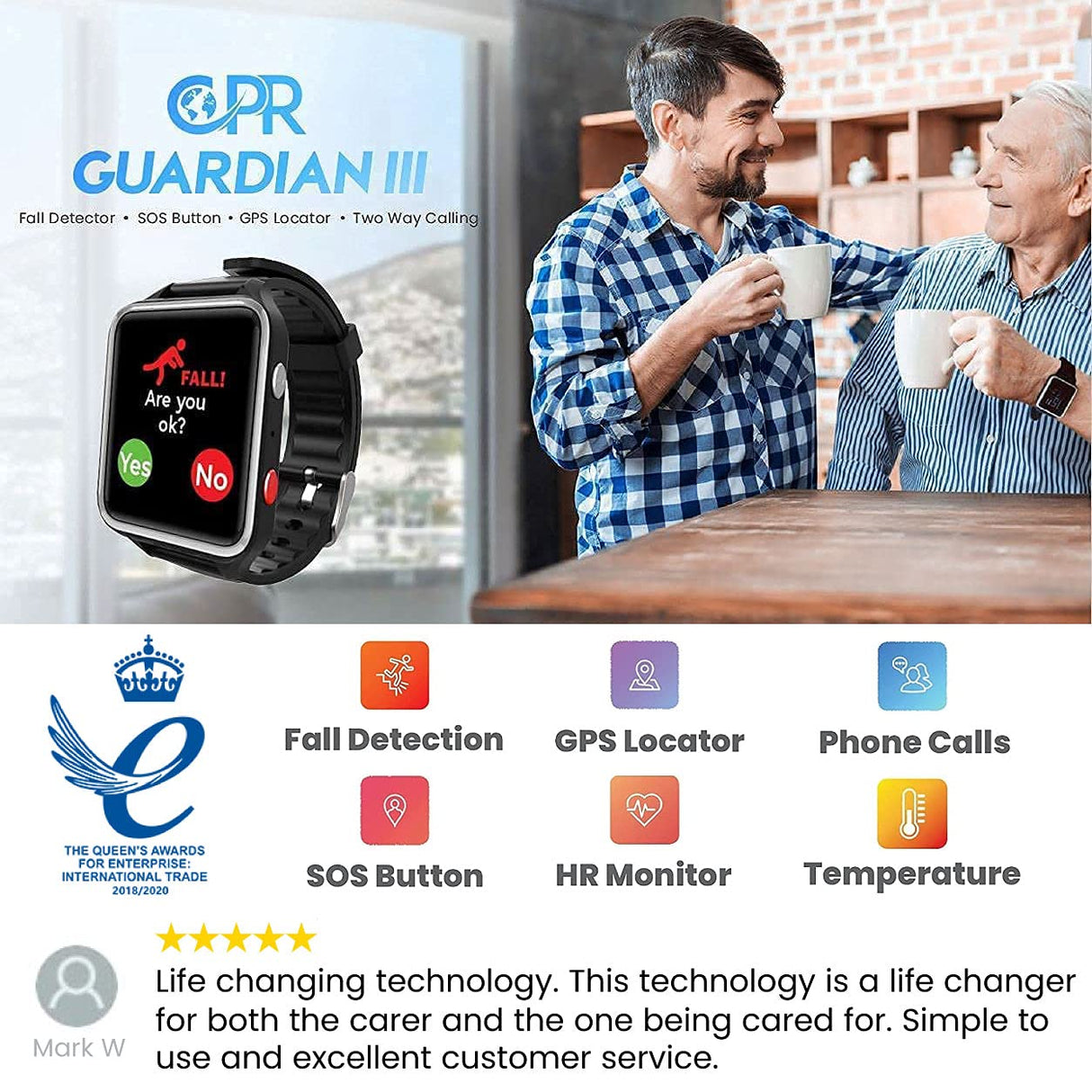 CPR Guardian III - Reloj de Alarma Personal SOS con detección de Alerta de caída y Seguimiento de ubicación por GPS (Negro)