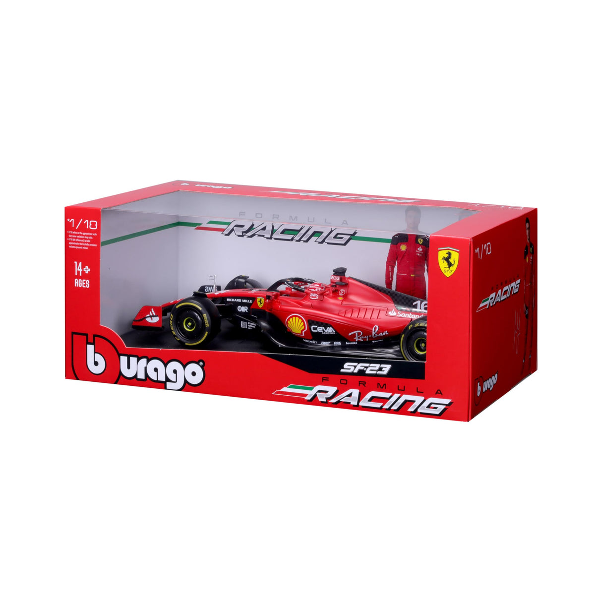 Bburago May Cheong B18-16812L Fórmula 1 Ferrari SF-23 Leclerc con Casco 2023 Coche Fundido a presión, Rojo