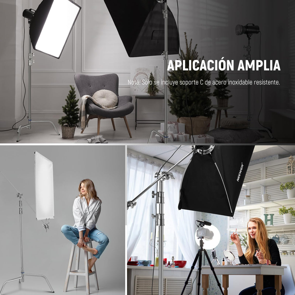 NEEWER Soporte C de Acero Inoxidable de 3,2m con Brazo de Pértigaa, Varilla Central más Gruesa, Carga Máxima 20kg, Fotografía Luz Soporte con Brazo de 1,27m para Monolight Softbox, SC320Q