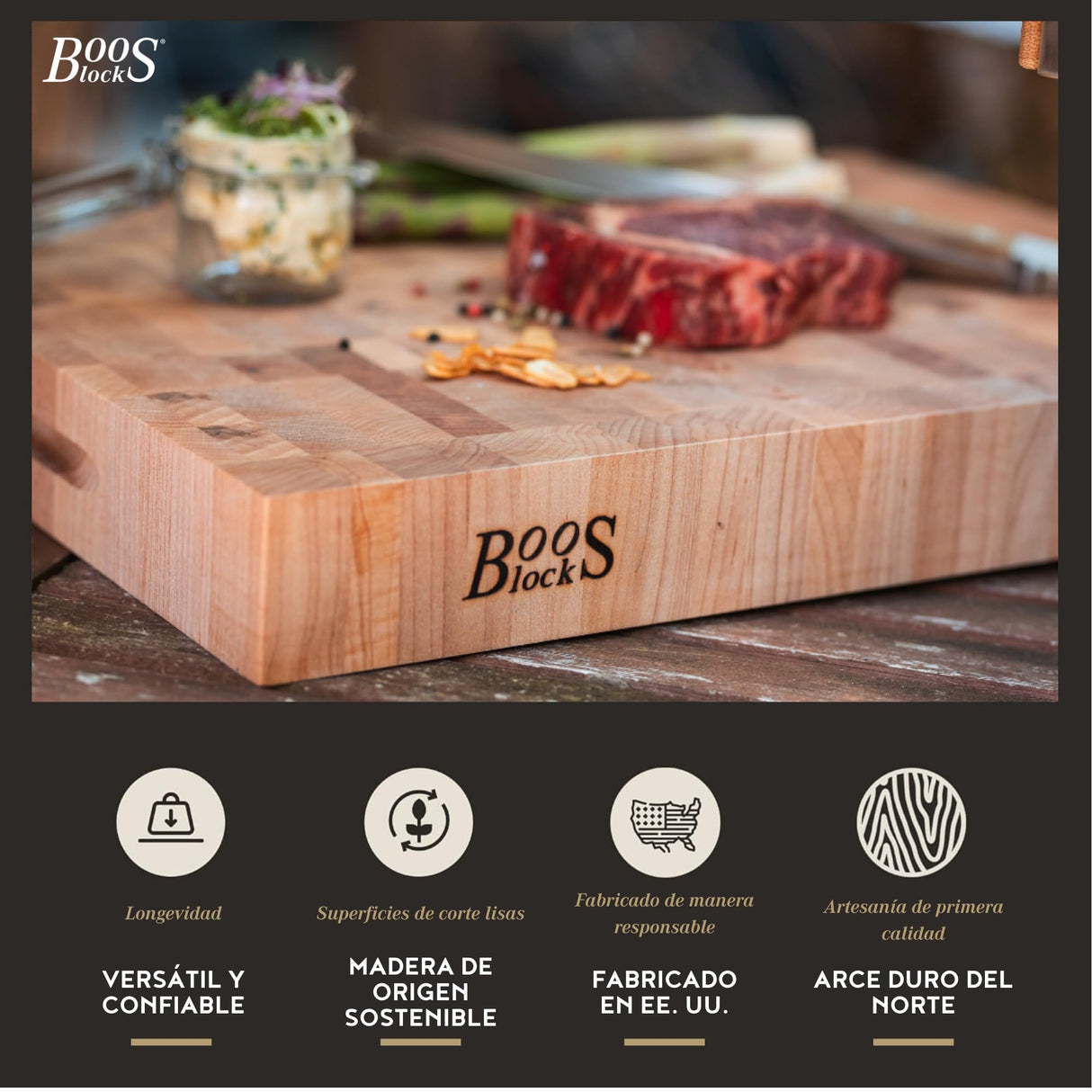 Boos Block Bloque de Cortar Extra Gruesa - Madera Cortar Cocina – Madera de Testa - Tabla Madera Cocina Grande - 38 x 38 x 7,5 cm