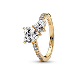 Pandora Timeless Anillo con diseño de corazón doble centelleante chapado en oro de 14 quilates con de circonitas cúbicas transparentes, talla 56