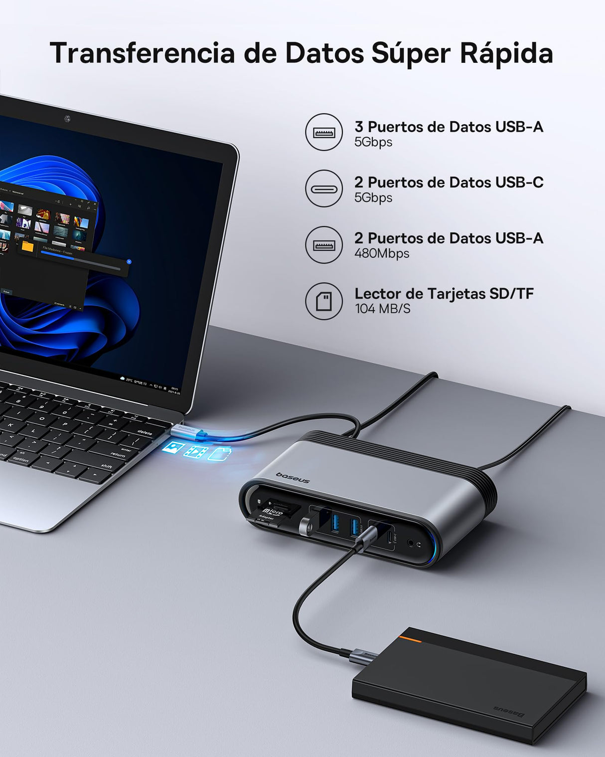 Baseus Docking Station USB C 3 Monitores 4K@60Hz [17 en 1] Adaptador Hub USB con 2 HDMI, DisplayPort, 3 USB-A3.0 5Gbps, 2 USB-C3.0, PD 100W, Gigabit Ethernet para HP/Lenovo/Dell/Macbook/Surface Laptop