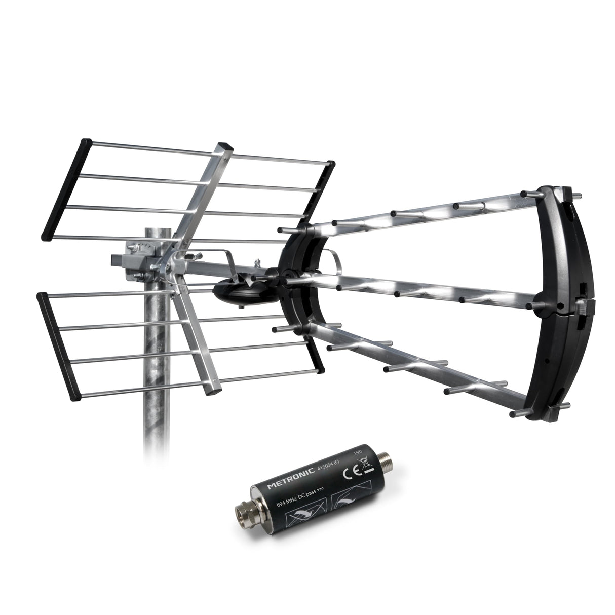 Metronic 415054 - Antena TDT Exterior 26 DB + Filtro de 694 MHz, 4G/5G, Plegable, Horizontal-Vertical, Toma F