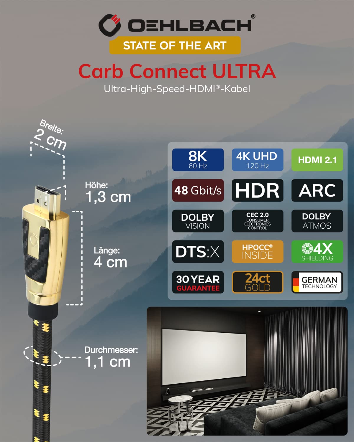 OEHLBACH Carb Connect Ultra High Speed HDMI 2.1 Cable - 48 Gbps, 8 K/60Hz, 4K/120Hz, cobre monocristalino HPOCC®, contactos chapados en oro de 24 quilates, blindaje de 4 vías, conector de metal,