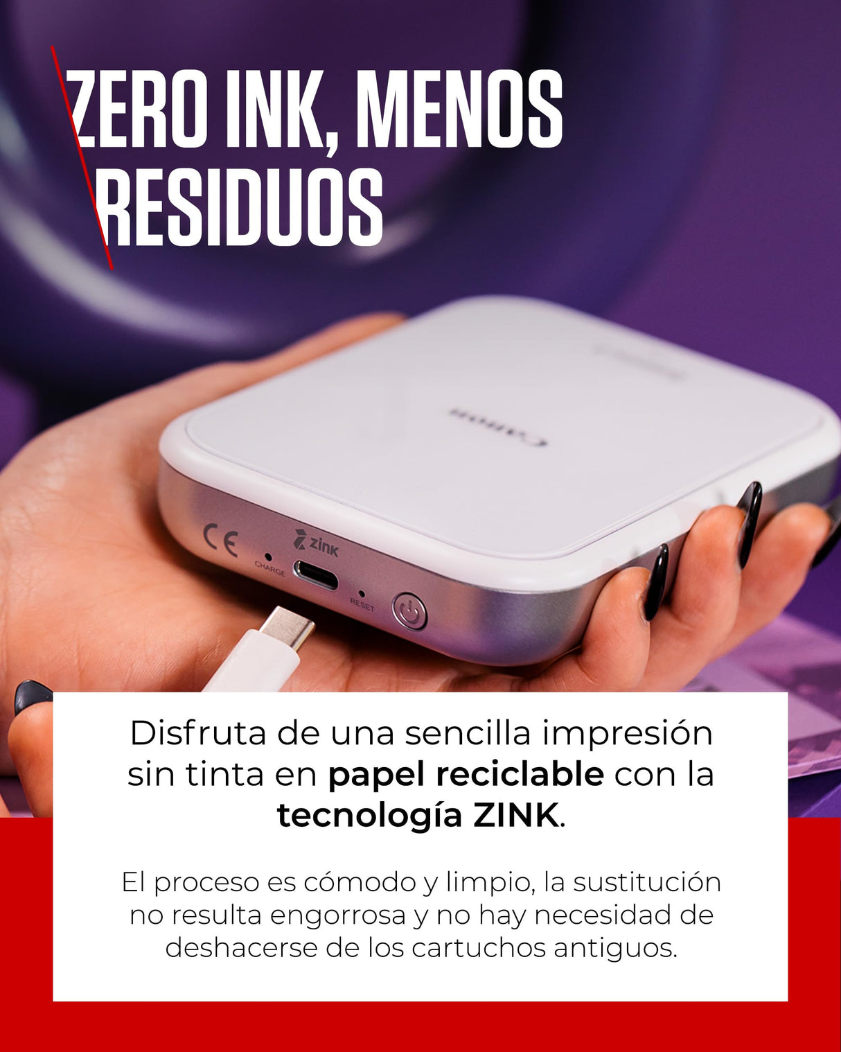 Canon Zoemini 2, Impresora Fotográfica Instantánea y compacta (para Smartphones), Impresión Zink sin Tinta sobre Papel Térmico (50x76 mm), Bluetooth 5.0, Carga USB-C, Blanco