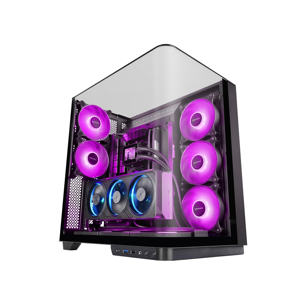 Mars Gaming MC-INFINIO, Caja Gaming ATX, Cristal Templado Curvado Sin Marco, 2X Ventiladores ARGB 120mm, Montaje Vertical de Tarjetas Gráficas, Soporte Refrigeración Líquida hasta 360mm, USB-C, Negro