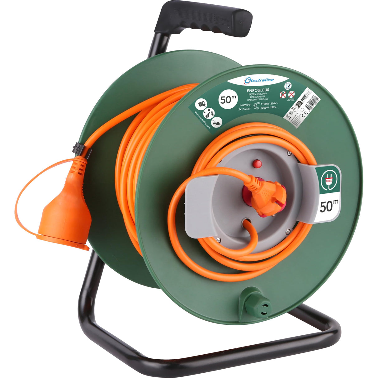 Electraline Cable de extensión de jardín 20866139F de 50 m con carrete de 16 A, sección naranja/verde de 2 x 1,5 mm², enchufe, tipo C/EF, 2 pines (UE)
