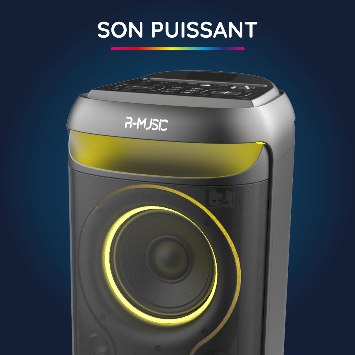R-MUSIC - Blaster M - Altavoz de Alta Potencia - Bluetooth, Luces RGB, Modo Karaoke, asa integrada, micrófono Incluido, Soporte para teléfono y Tableta integrada - Autonomía 7h