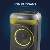 R-MUSIC - Blaster M - Altavoz de Alta Potencia - Bluetooth, Luces RGB, Modo Karaoke, asa integrada, micrófono Incluido, Soporte para teléfono y Tableta integrada - Autonomía 7h