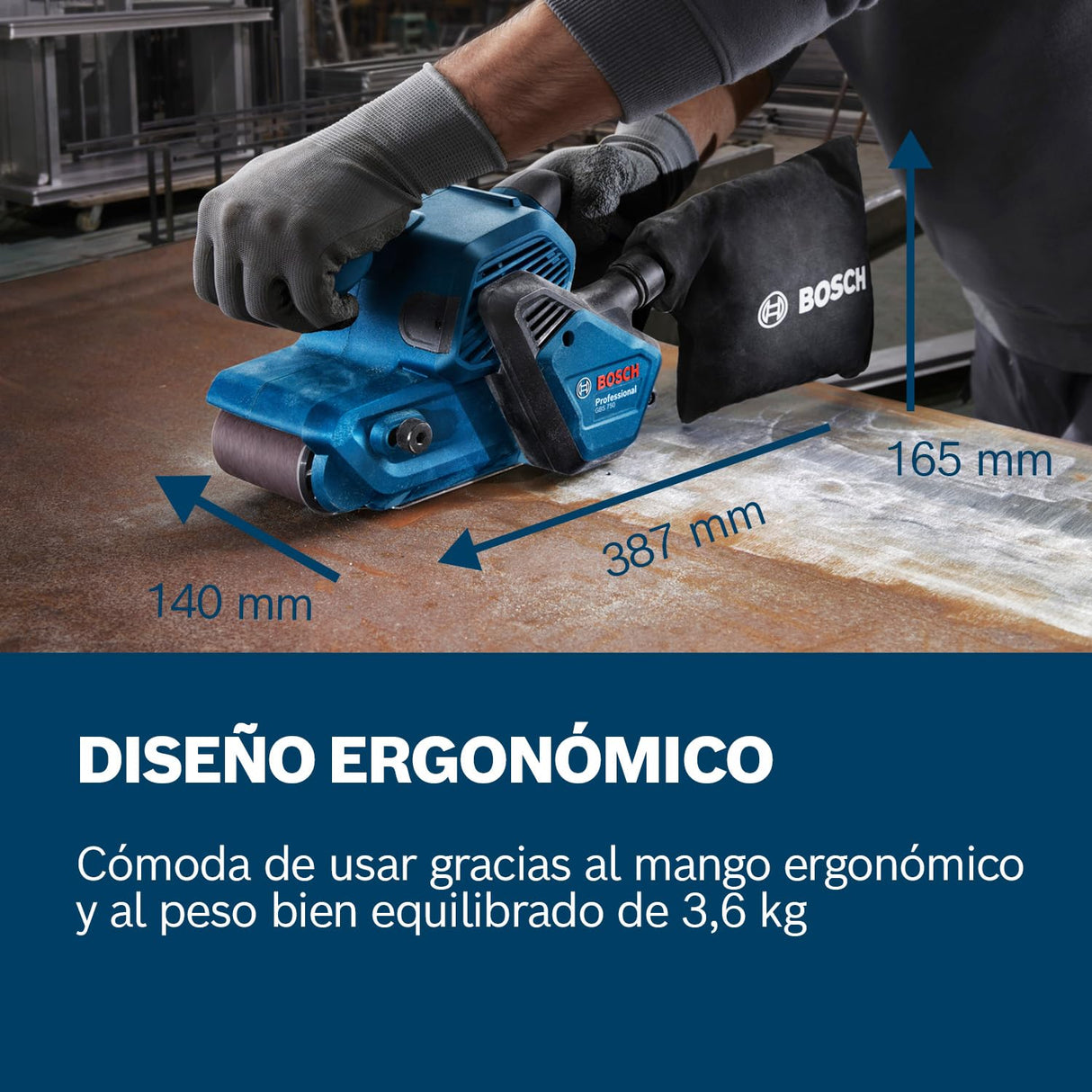 Bosch Professional lijadora de banda GBS 750 (motor de 850 W, con bolsa para lijado de tela, bolsa para polvo)