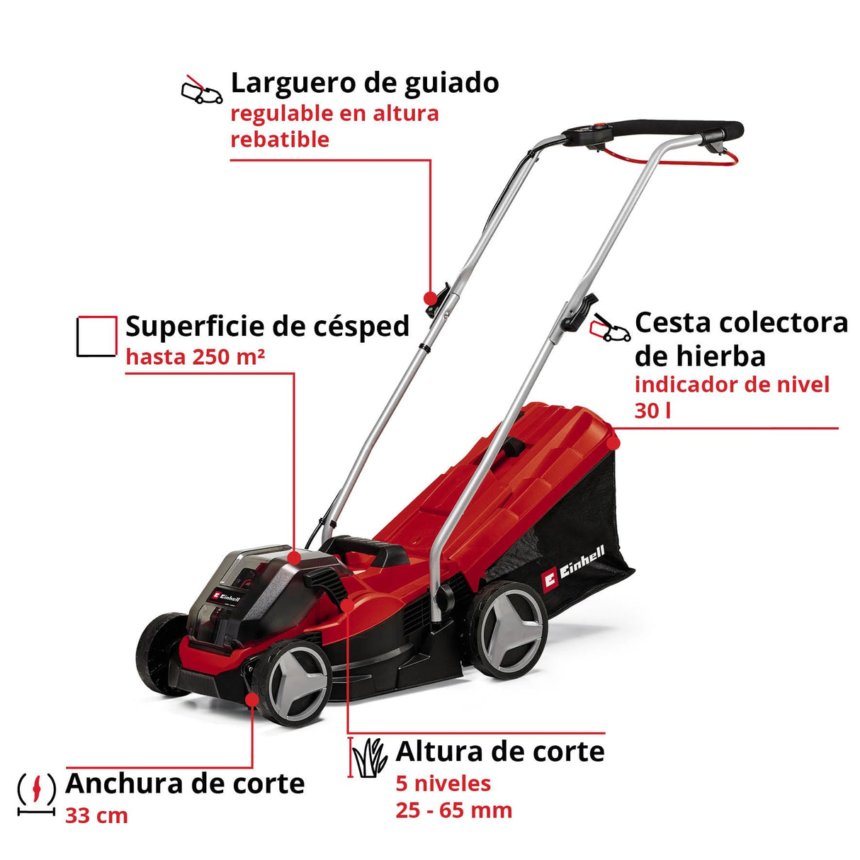 Einhell Cortacésped a batería GE-CM 36/33 Li Kit Power X-Change (36 V, 33 cm ancho de corte, hasta 250 m², 30L bolsa recolectora, 25-65 mm altura de corte, con 2x 2,5 Ah baterías + 2x cargadore)
