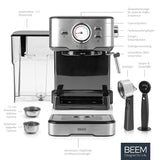 BEEM ESPRESSO-SELECT Máquina de café espresso en diseño clásico | Máquina portafiltros con 15 bar y boquilla de espuma de leche profesional para tus especialidades de café | Especialidades del café