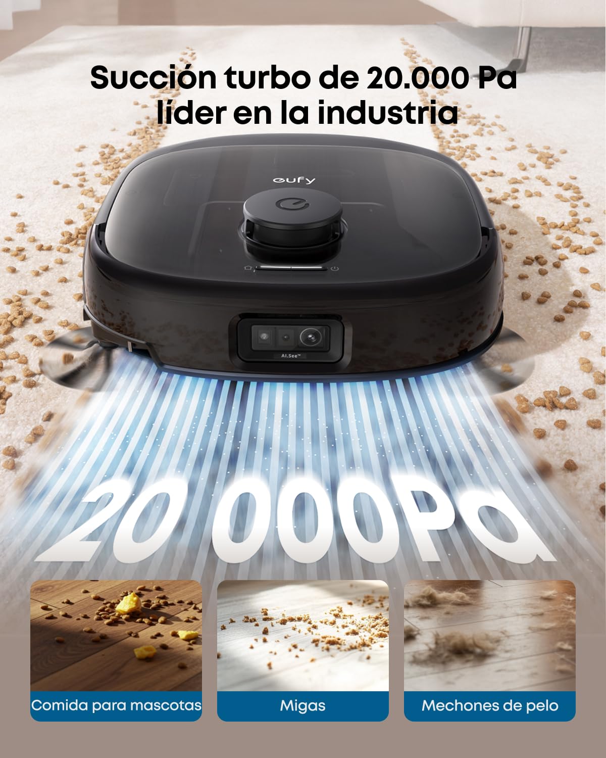 eufy Robot Aspirador Omni E28, Aspirador quitamanchas portátil, Sistema HydroJet, succión Turbo de 20.000 Pa, cepillos desenredantes DuoSpiral, Brazo CornerRover, estación Todo en uno.