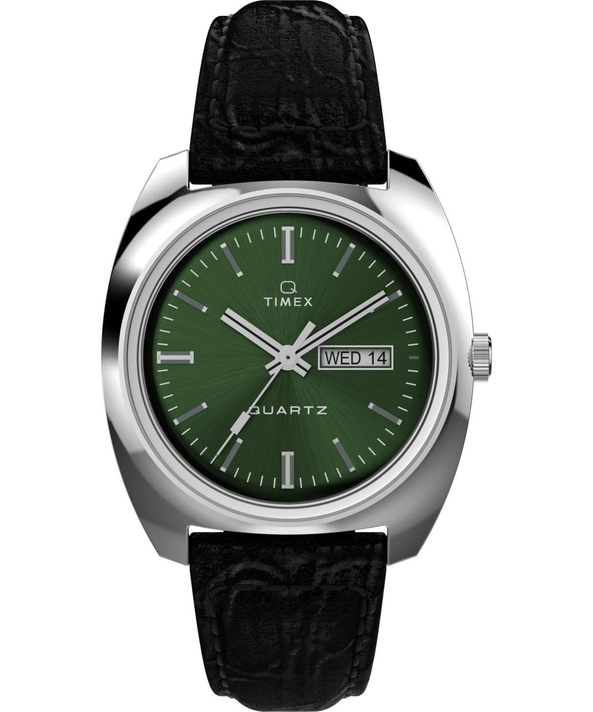 Timex Q - Reloj de 37,5 mm para hombre, correa de liberación rápida de dos piezas de cuero negro, esfera verde, caja de acero inoxidable TW2W44700