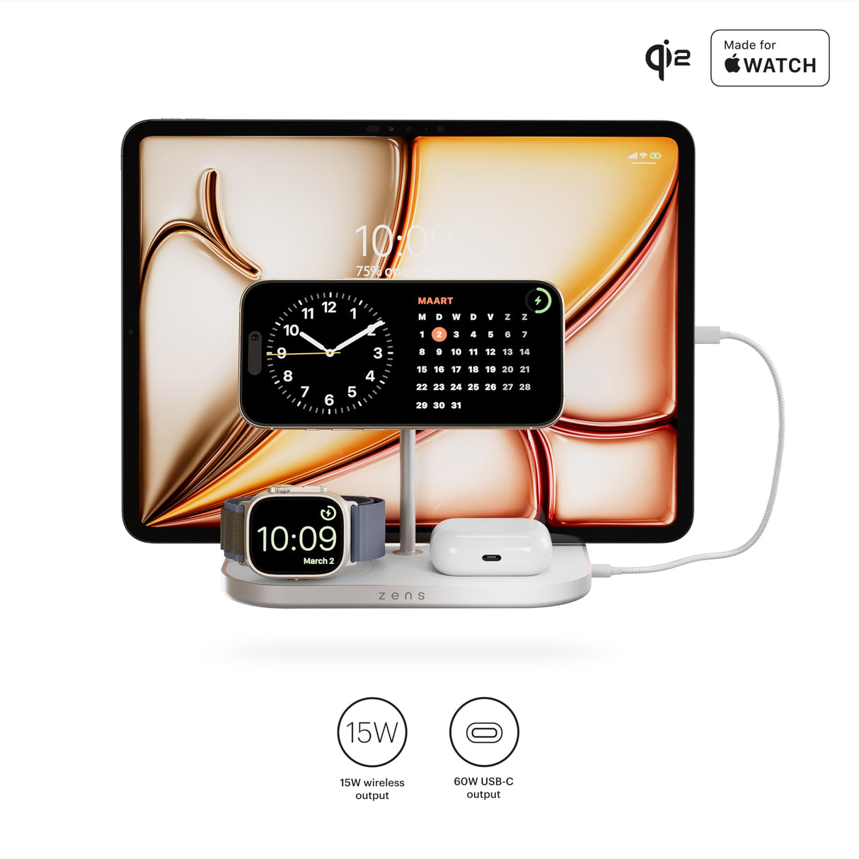 Zens 4-in-1 Wireless Charger, Cargador inalámbrico MagSafe y Qi2 de 15 W para iPhone/Apple Watch/AirPods, Incluye Adaptador de Corriente de 65 W (EU/UK/US) y Cable Integrado de 1,5 m, Blanco