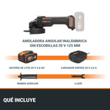 Amoladora angular inalámbrica Worx 20V 125mm | WX814 | potencia equivalente a 1000 W, corte 50% más rápido, diseño compacto, batería de 4,0 Ah y cargador rápido de 2 A incluidos