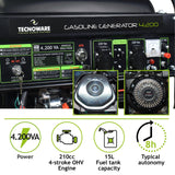 Tecnoware Power Systems - Generador de Corriente 4200 VA, Motor Gasolina 4 Tiempos, Arranque Eléctrico y Manual, Depósito 15L, Compacto y Portátil, Ideal para Camping y Construcción
