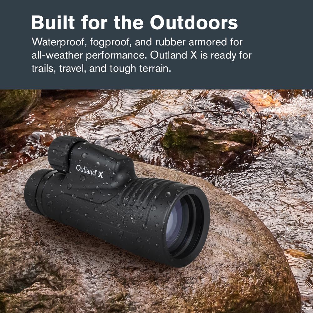 Celestron 72370 Outland X Monocular Resistente Agua 10x50 y Adaptador Smartphone, Bluetooth Remoto, Tapas oculares y Funda - Carcasa Resistente, Prisma BaK-4 y óptica Revestimiento múltiple, Negro