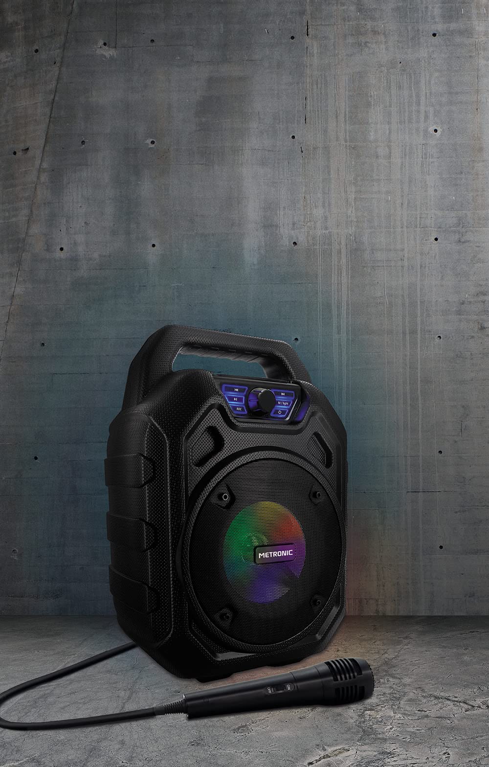 Metronic 477188 - Altavoz Bluetooth Potente 45W portatil, led Lights, toma USB, Micro-SD, AUX-IN, entrada para micrófono, micrófono incluido, radio FM, con asa ergonómica para fácil transporte