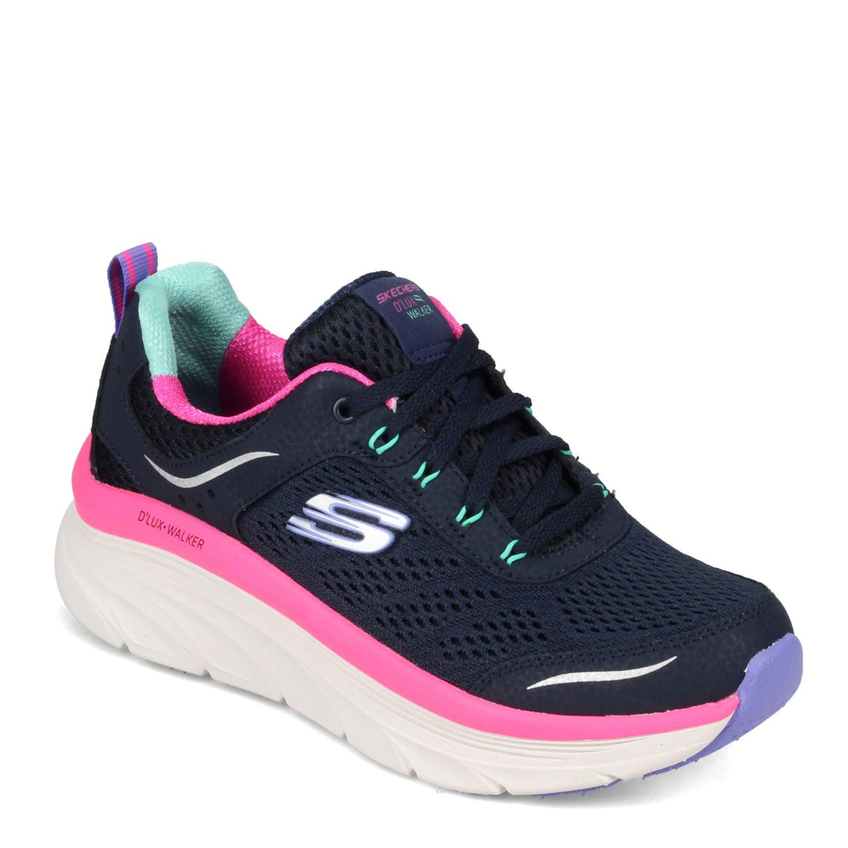 Skechers D'lux Walker Infinite Motion, Zapatillas Mujer, Navy Silver Leather Pink Mesh White Tri, 40 EU