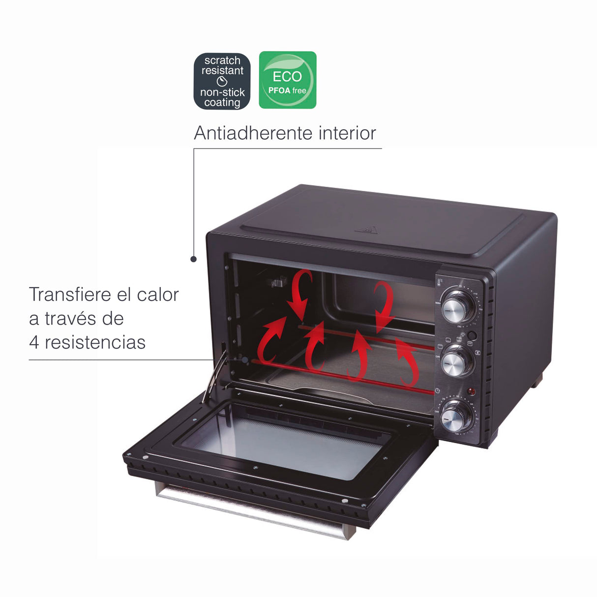 Lacor - 69347 - Horno Eléctrico Sobremesa, Horno Pequeño Cocina, Convección con Carcasa de Acero, Temperatura: 70ºC-230ºC, 54x34,5x41 cm, Capacidad: 35 L, Negro