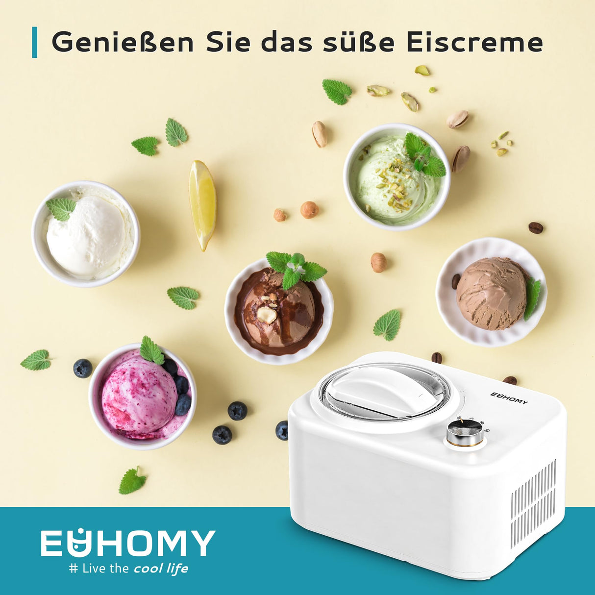 EUHOMY Máquina de helados con compresor, 0,8 L, 100 W, máquina de hielo autorefrigerante, para helados, batidos, yogur congelado, batidos de leche, con cuenco y plantillas de recetas