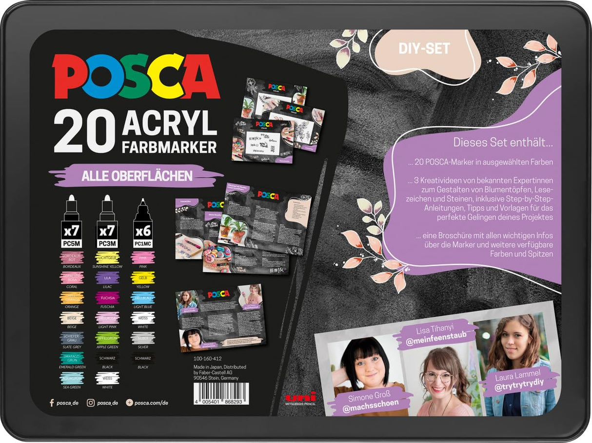 Faber-Castell uni-ball 186829 - Juego de marcadores POSCA, estuche de 20, incl. instrucciones para 3 proyectos DIY