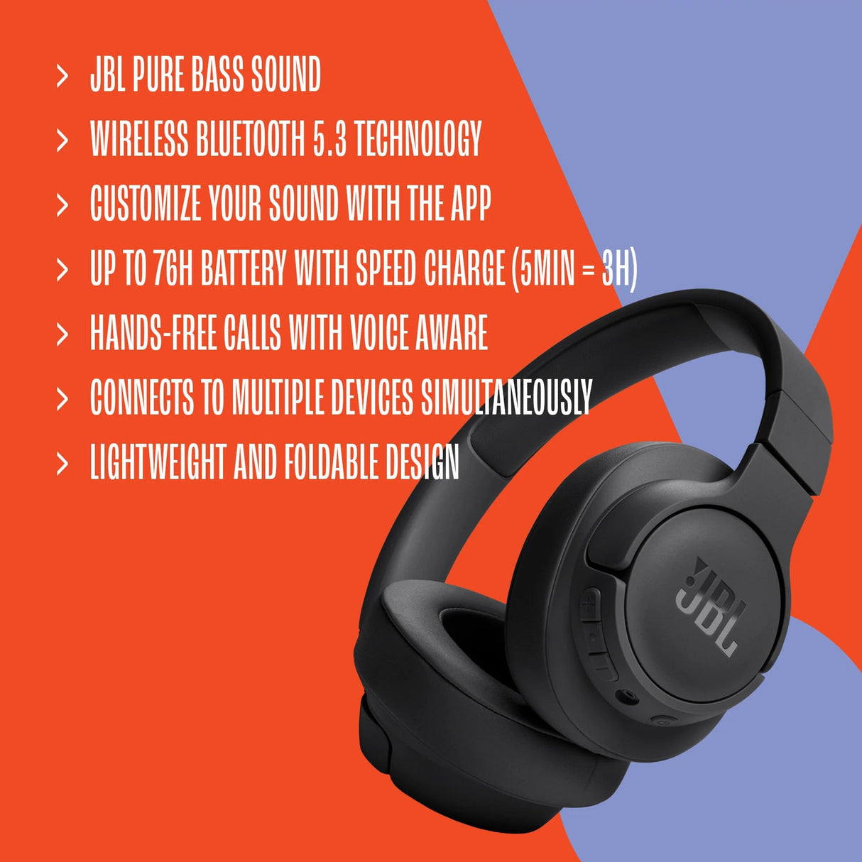 JBL Auriculares Tune 720 BT, inálambricos por Bluetooth, 76 horas de reproducción con JBL Pure Bass, plegables, morado
