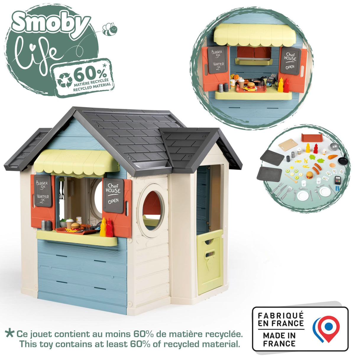 Smoby Life Chef House - Casa Restaurante de Juguete y Cocina para Niños, 48 Accesorios, Caja Registradora, Cocina, Juguete Educativo, protección Anti-UV, Material Reciclado, +2 Años (7600810407)