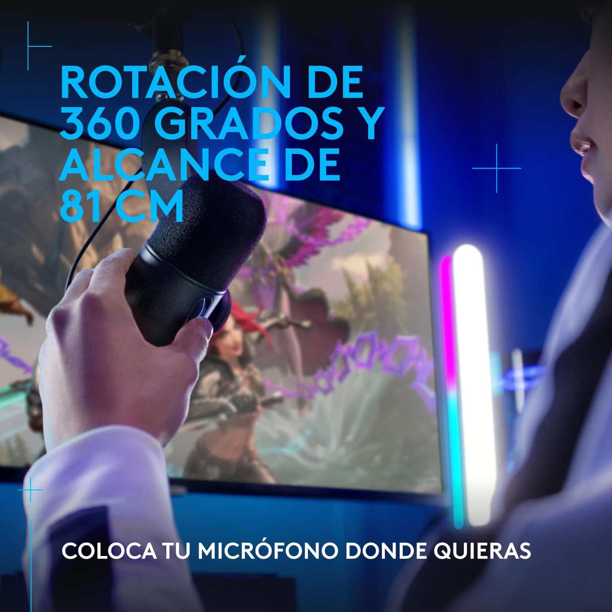 Logitech G Yeticaster GX, micrófono dinámico de gaming supercardioide con brazo, iluminación RGB y LIGHTSYNC, micrófono USB tipo difusión para PC y Mac, con uso para grabación y streaming - Negro