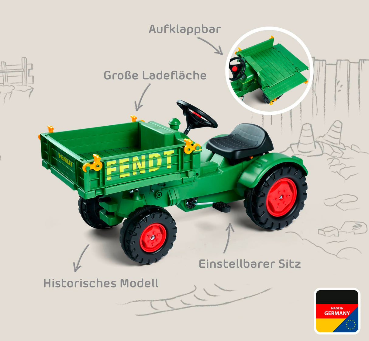 Big Fendt - Tractor Infantil con Cadena de precisión, Asiento Ajustable en 3 Posiciones, hasta 50 kg, Licencia de Fendt, para niños a Partir de 3 años, Verde, Amarillo, Negro y Rojo