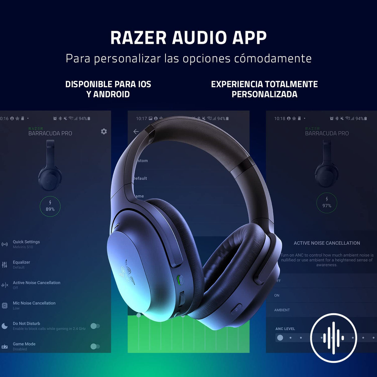 Razer Barracuda Pro - Auriculares inalámbricos para juegos con ANC híbrido (Amplificador Audio Acromático THX, SmartSwitch Dual Wireless, Controladores TriForce 50mm) Negro