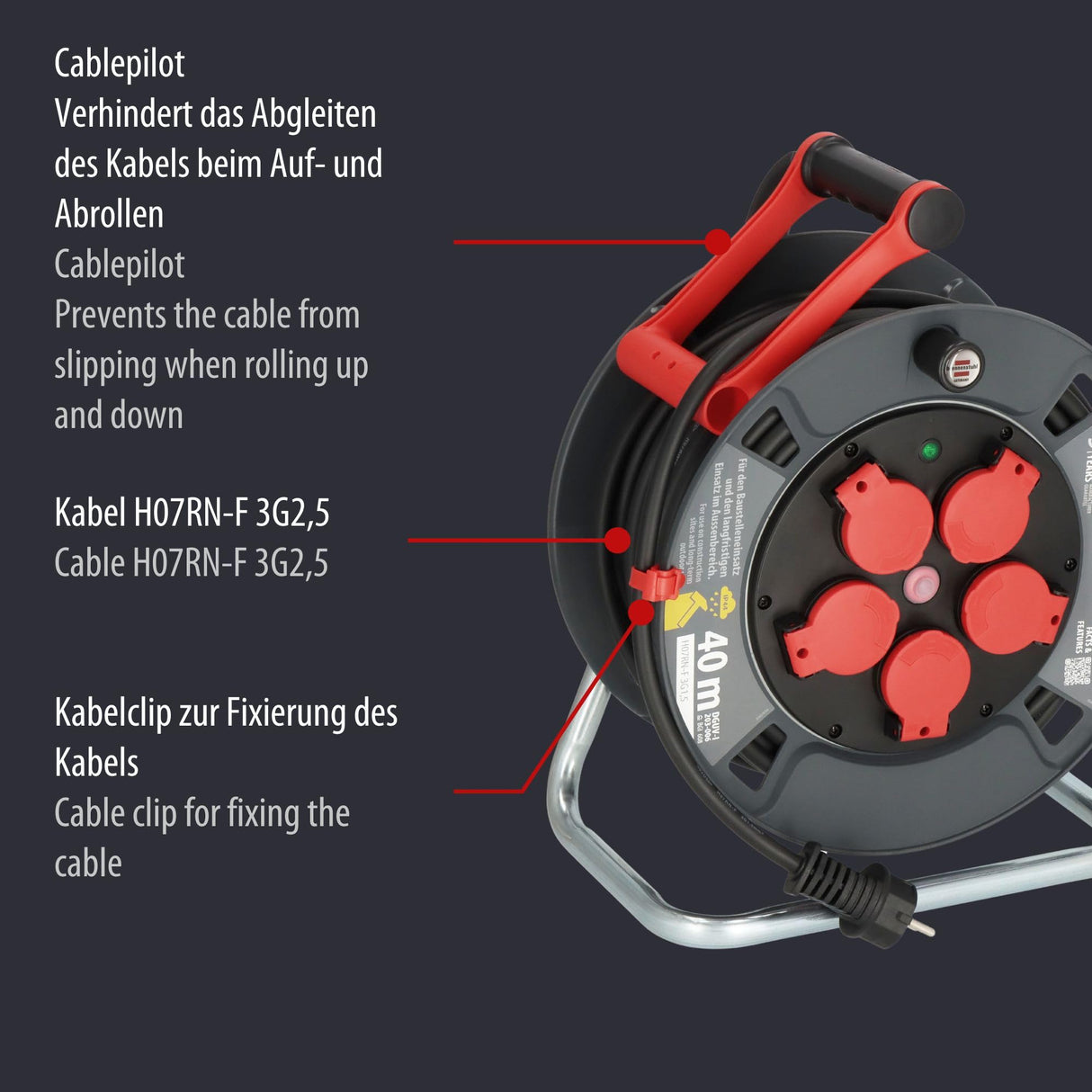 Brennenstuhl Carrete de cable profesional 320 KU 4200, cable de 40 m en negro, fabricado en plástico especial, para uso en obras de construcción y uso permanente en exteriores, fabricado en Alemania