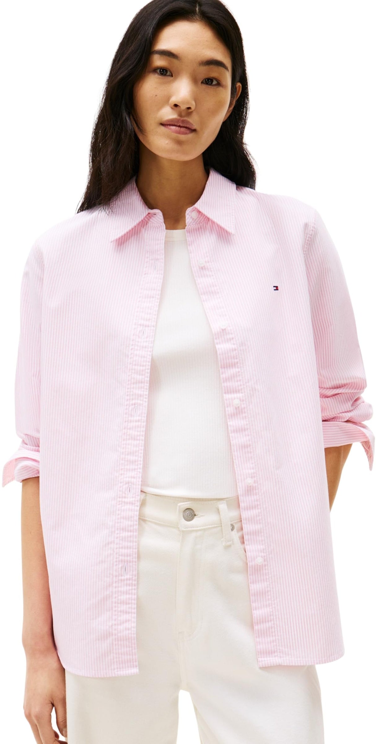 Tommy Hilfiger Camisa Mujer Oxford Relaxed Fit, Multicolor (Classic Ithaca STP/Mid Pink), 44