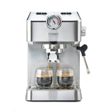 Caso Espresso Gourmet - Cafetera de acero inoxidable con bomba Ulka 19 bares con espumador de leche, para café en polvo o cápsulas ESE, para 2 tazas, con placa calefactora para taza