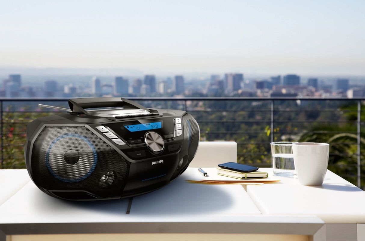 Philips AZB798T/12 Máquina de Sonido CD portátil, Reproductor de CD y Cassette Dab y FM Bluetooth, MP3-CD, USB, Bass dinámico, Control Remoto, Temporizador de sueño - Negro