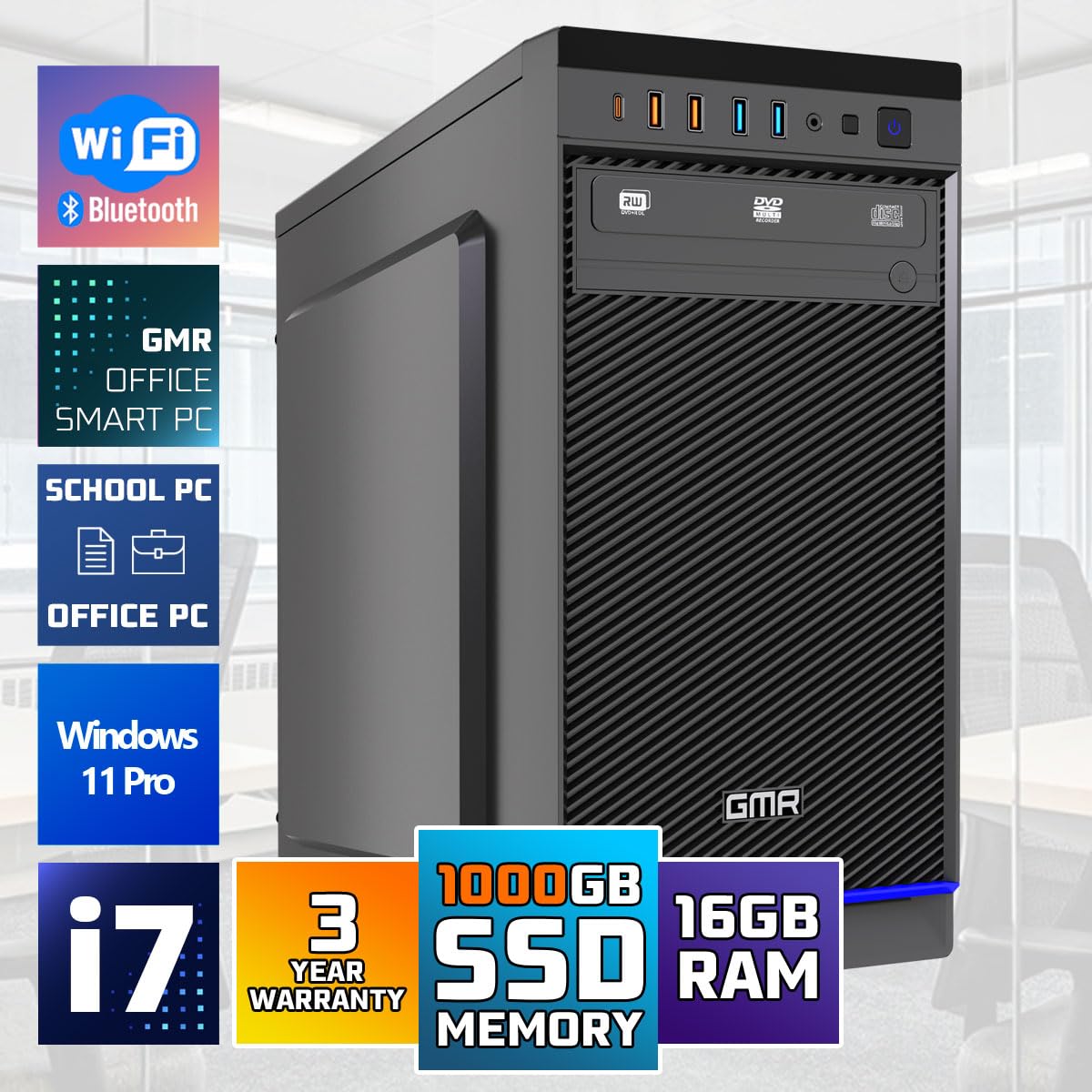 GMR Ultra i7 Office PC - Ordenador de Oficina para Empresas | 3 Años de Garantía | 16 GB de RAM | SSD M.2 de 1000 GB | USB 3 | Windows 11 Pro | WiFi-Bluetooth