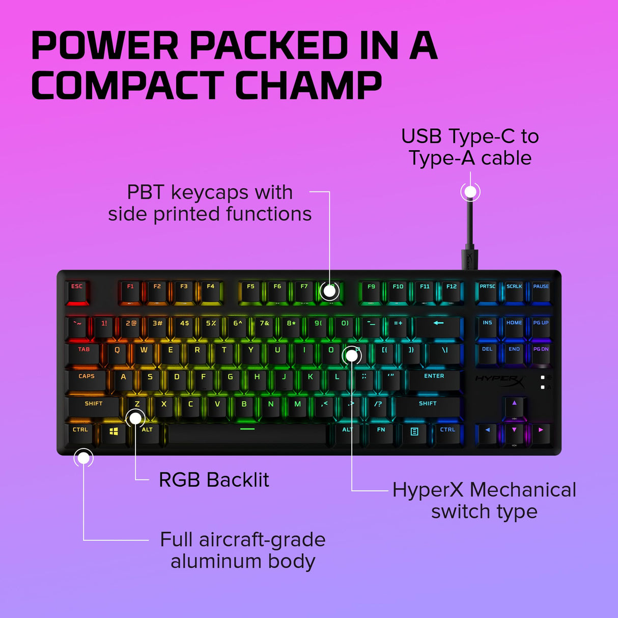 HyperX Alloy Origins Core PBT - Teclado mecánico para Juegos TKL, Teclas PBT, iluminación RGB, Compacto, Cuerpo de Aluminio, Personalizable NGENUITY, Memoria integrada, Interruptor táctil