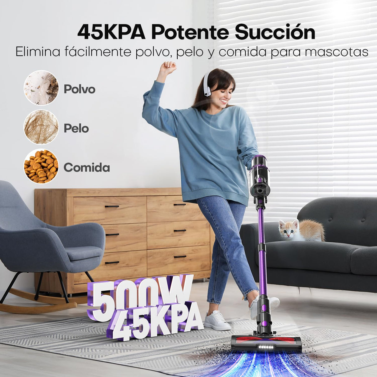 AROEVE 500W/45KPA/60min Aspiradora Escoba sin Cable con Pantalla LED, Modo Auto, Filtro 7 Etapas, Motor Brushless y Cepillo V para Suelos, Pelos, Alfombras, 500 W, 1 Liter, Morado