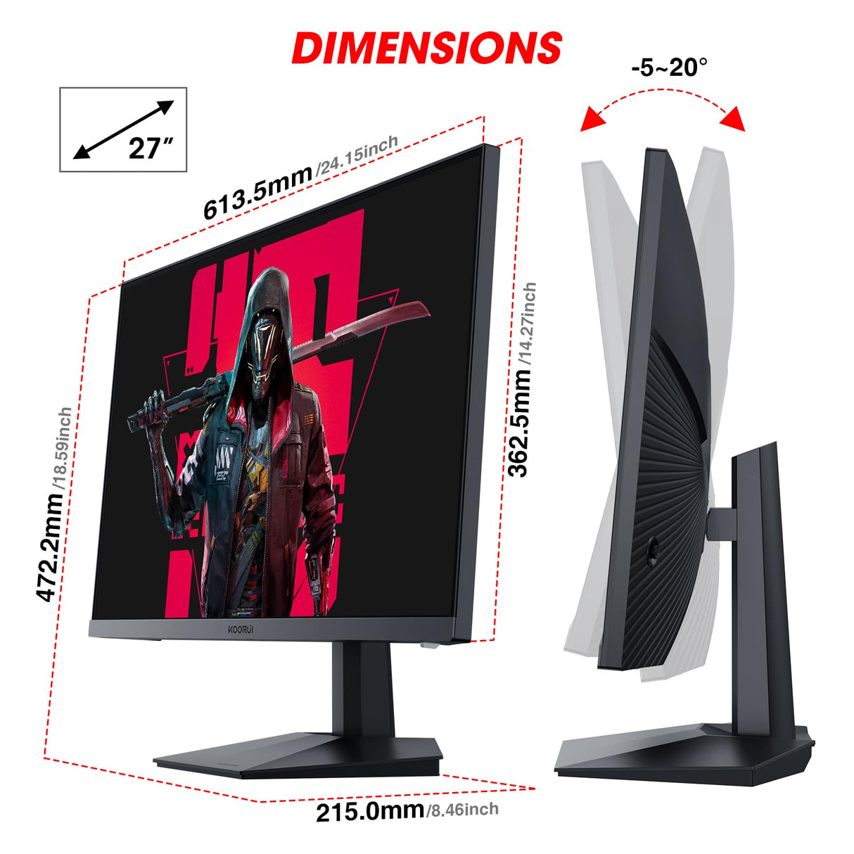 KOORUI Monitor 27 Pulgadas,Monitor Gaming 170Hz,Pantalla Ordenador IPS,QHD 2560x1440，Adaptive-Sync,1ms, DCI-P3 90%,2xHDMI,VESA,DisplayPort,inclinación Ajustable