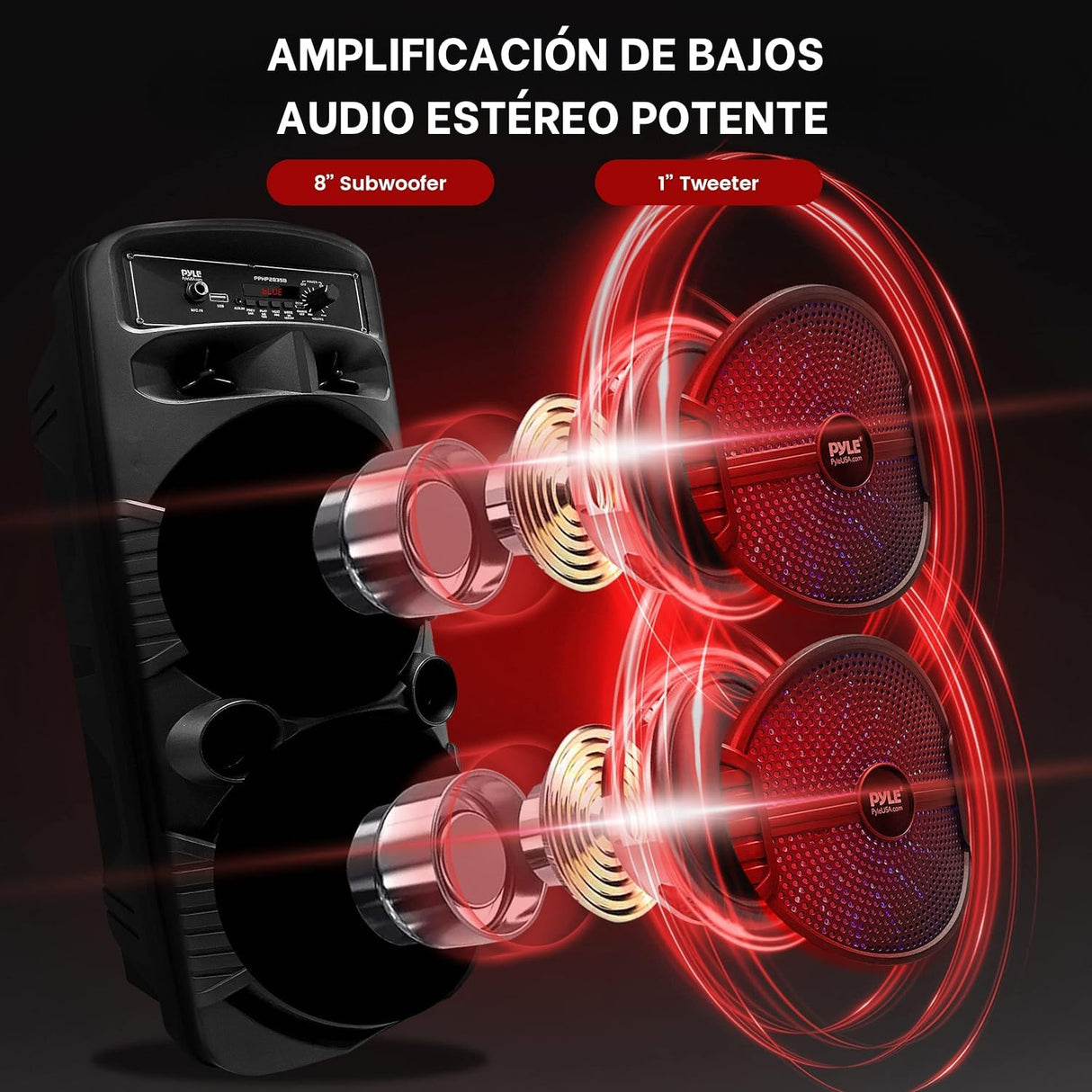 Pyle sistema de altavoces, PA, 600W, Bluetooth, Portatil, Recargable, Interiores, Exteriores, Subwoofer de 8”, Tweeter de 1”, función de grabación, micrófono, luces de fiesta, Radio USB/SD, Negro