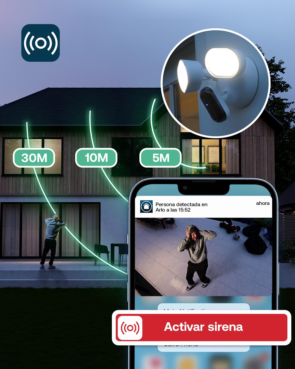 Arlo Floodlight 2K, Cámara Wi-Fi para Exteriores, Calidad 2K HDR, Gran Angular de 160°, visión Nocturna en Color, Sirena de Alarma, comunicación bidireccional, Prueba de Arlo Secure, 1 cámara