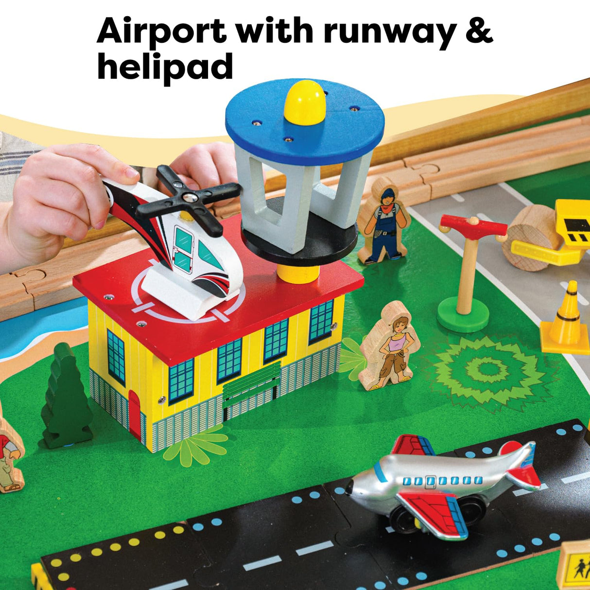 KidKraft Juego de Tren y Mesa de Madera Waterfall Mountain con Cajas de Almacenamiento, Circuito de ferroviarias con Coches, helicóptero y avión de Juguete niños 3+ años (17850)